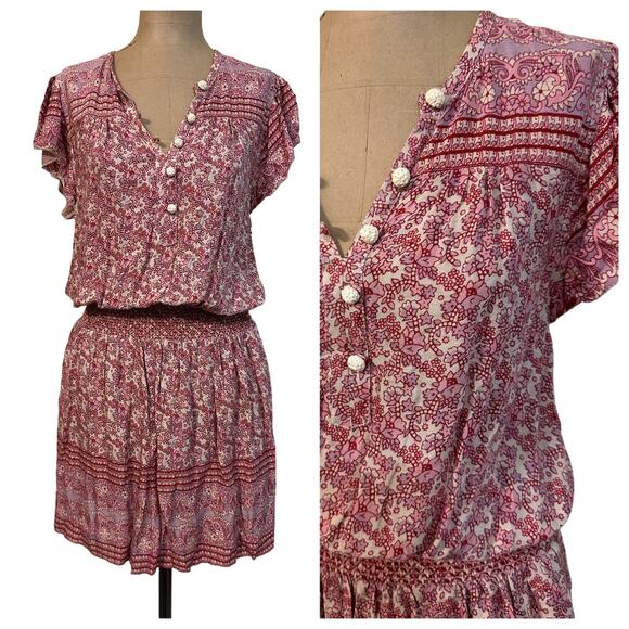 Faherty size Small Mini Dress Bemini Red Floral Print Rayon Smocked Waist A-Line - Picture 1 of 4